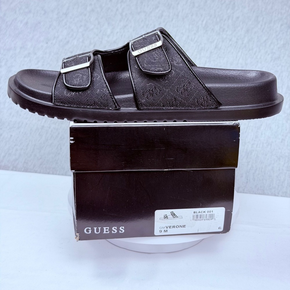 GUESS GMVERONE Black Monogram Double Strap Buckle Slide Sandals Mens 9 M NEW